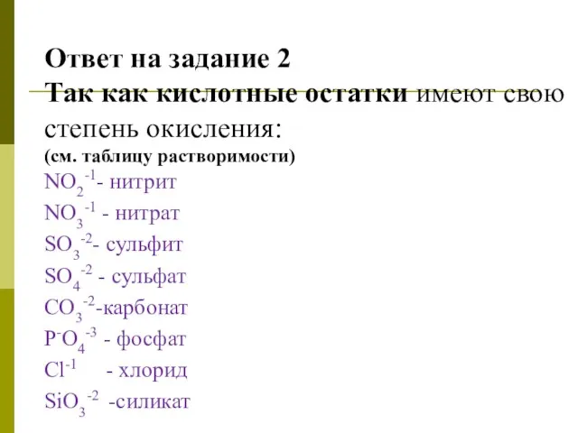 Ответ на задание 2 Так как кислотные остатки имеют свою