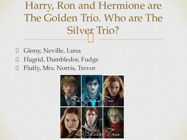 Ginny, Neville, Luna Hagrid, Dumbledor, Fudge Fluffy, Mrs. Norris, Trevor