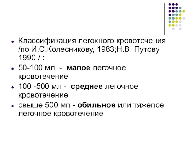 Классификация легоxного кровотечения /по И.С.Колесникову, 1983;Н.В. Путову 1990 / :