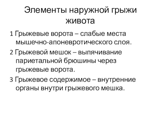 Элементы наружной грыжи живота 1 Грыжевые ворота – слабые места