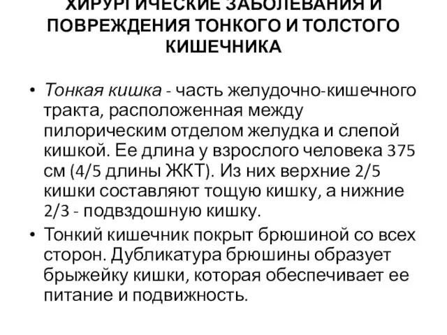 ХИРУРГИЧЕСКИЕ ЗАБОЛЕВАНИЯ И ПОВРЕЖДЕНИЯ ТОНКОГО И ТОЛСТОГО КИШЕЧНИКА Тонкая кишка