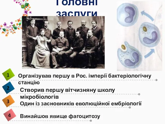 Головні заслуги Створив першу вітчизняну школу мікробіологів Один із засновників еволюційної ембріології Винайшов явище фагоцитозу