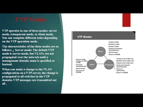 VTP Modes VTP operates in one of three modes: server