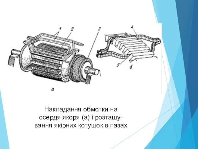 Накладання обмотки на осердя якоря (а) і розташу- вання якірних котушок в пазах