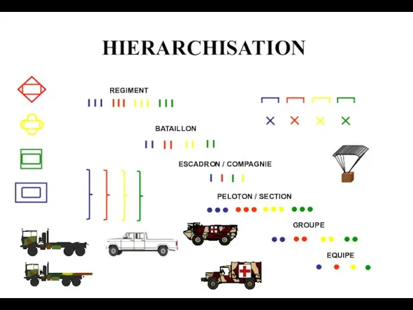 BATAILLON PELOTON / SECTION GROUPE EQUIPE REGIMENT ESCADRON / COMPAGNIE HIERARCHISATION