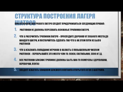 СТРУКТУРА ПОСТРОЕНИЯ ЛАГЕРЯ ШАТРОВ ПРИ УСТАНОВКЕ ШАТРОВОГО ЛАГЕРЯ СЛЕДУЕТ ПРИДЕРЖИВАТЬСЯ