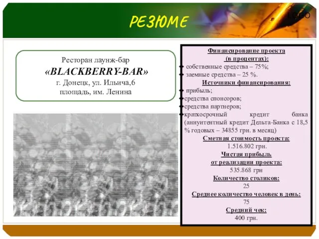 РЕЗЮМЕ Финансирование проекта (в процентах): собственные средства – 75%; заемные