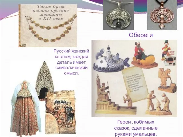 Обереги Герои любимых сказок, сделанные руками умельцев. Русский женский костюм, каждая деталь имеет символический смысл.