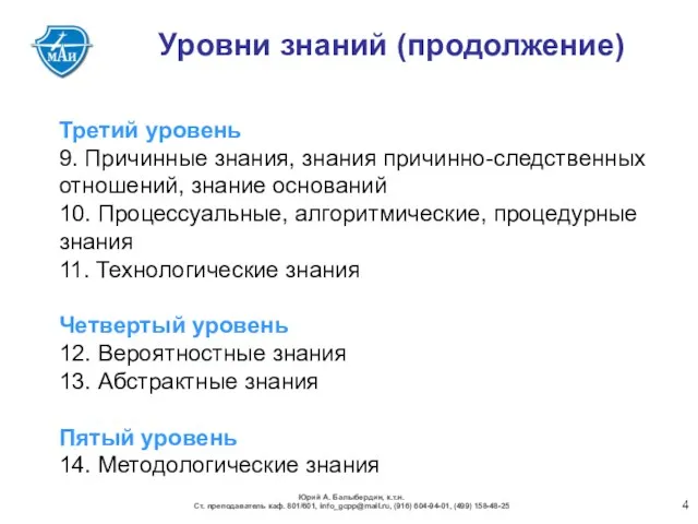 Уровни знаний (продолжение) Третий уровень 9. Причинные знания, знания причинно-следственных