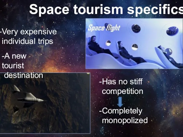 Space tourism specifics Very expensive individual trips -A new tourist