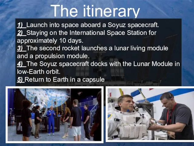 The itinerary 1) Launch into space aboard a Soyuz spacecraft.