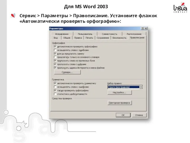 Для MS Word 2003 Сервис > Параметры > Правописание. Установите флажок «Автоматически проверять орфографию»: