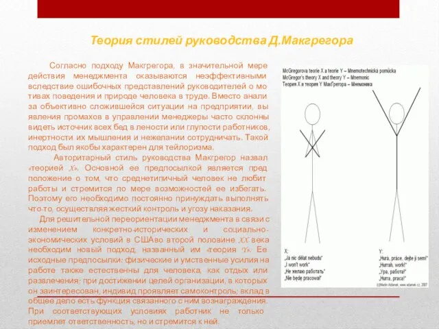 Теория стилей руководства Д.Макгрегора Согласно подходу Макгрегора, в значительной мере действия менеджмента оказываются