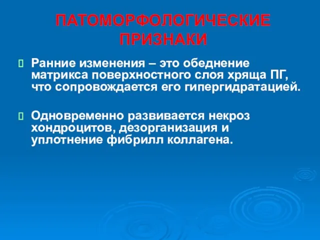 ПАТОМОРФОЛОГИЧЕСКИЕ ПРИЗНАКИ Ранние изменения – это обеднение матрикса поверхностного слоя