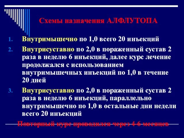 Схемы назначения АЛФЛУТОПА Внутримышечно по 1,0 всего 20 инъекций Внутрисуставно