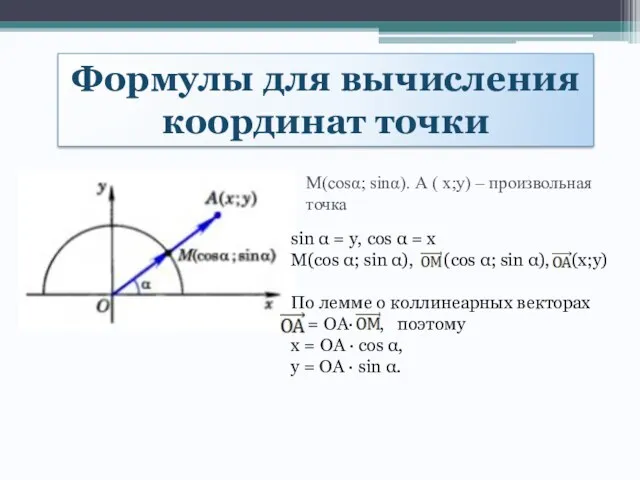 Формулы для вычисления координат точки М(сosα; sinα). А ( x;y)