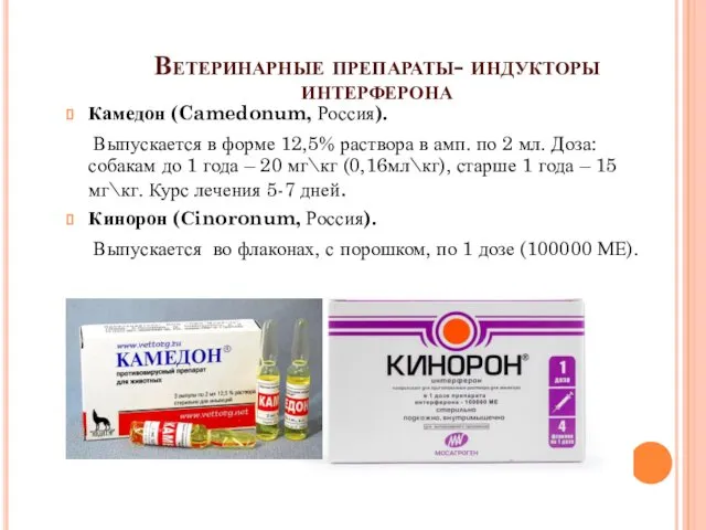 Ветеринарные препараты- индукторы интерферона Камедон (Camedonum, Россия). Выпускается в форме