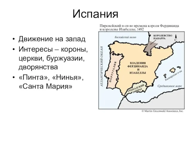 Испания Движение на запад Интересы – короны, церкви, буржуазии, дворянства «Пинта», «Нинья», «Санта Мария»