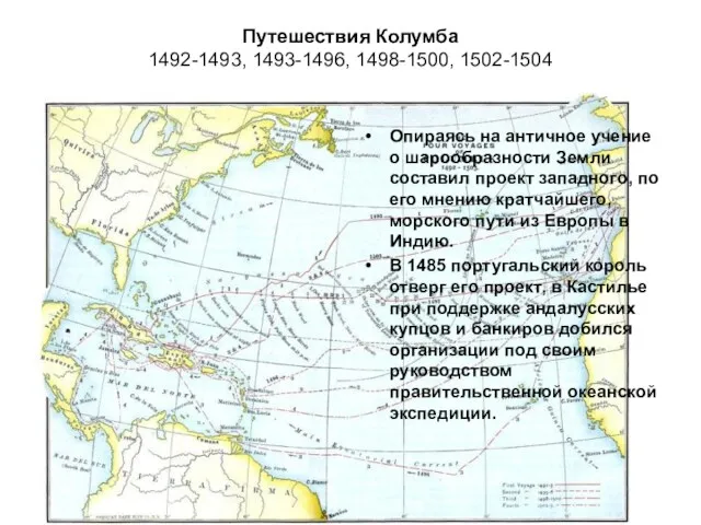 Путешествия Колумба 1492-1493, 1493-1496, 1498-1500, 1502-1504 Опираясь на античное учение