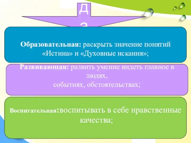 Задачи Образовательная: раскрыть значение понятий «Истина» и «Духовные искания»; Развивающая: