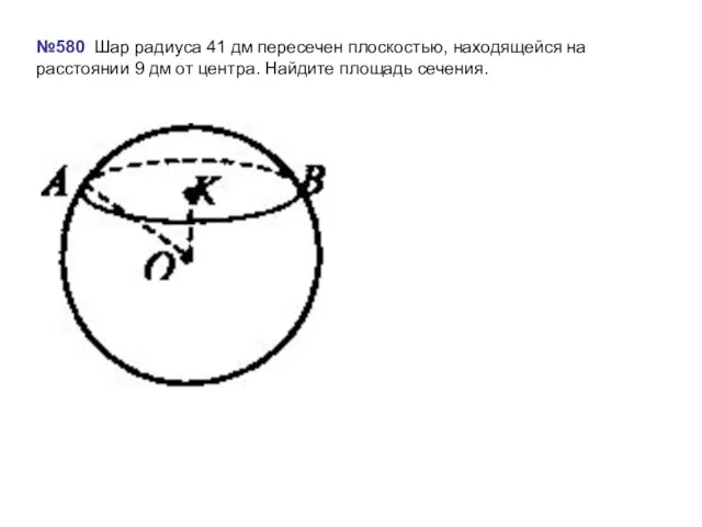 №580 Шар радиуса 41 дм пересечен плоскостью, находящейся на расстоянии