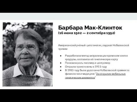 Барбара Мак-Клинток (16 июня 1902 — 2 сентября 1992) Американский