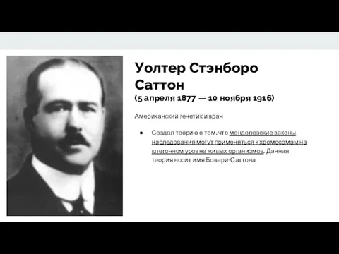 Уолтер Стэнборо Саттон (5 апреля 1877 — 10 ноября 1916)