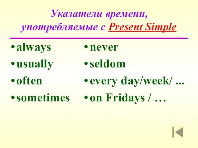 Указатели времени, употребляемые с Present Simple always usually often sometimes