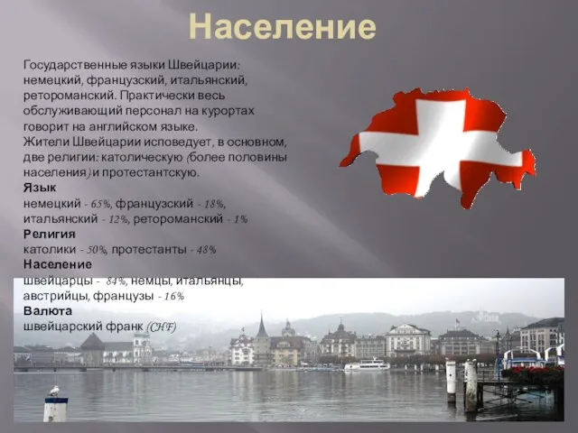 Население Государственные языки Швейцарии: немецкий, французский, итальянский, ретороманский. Практически весь обслуживающий персонал на