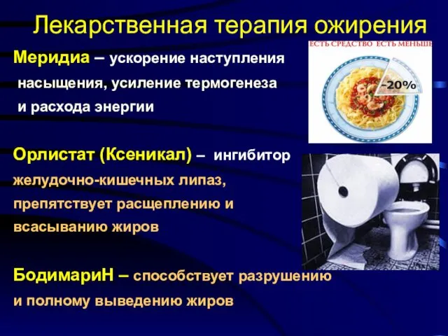 Лекарственная терапия ожирения Меридиа – ускорение наступления насыщения, усиление термогенеза и расхода энергии