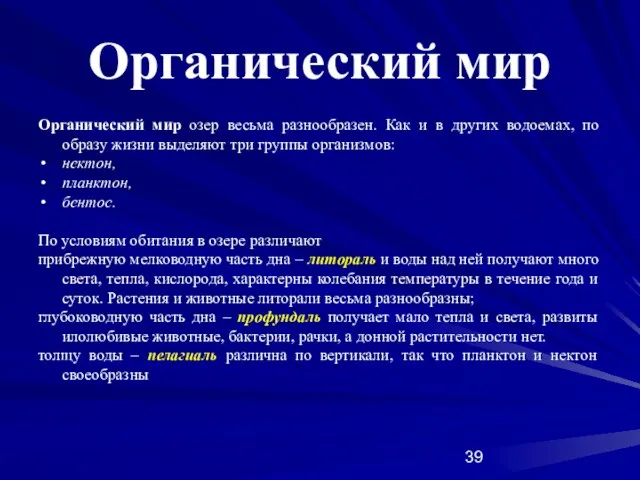 Органический мир Органический мир озер весьма разнообразен. Как и в