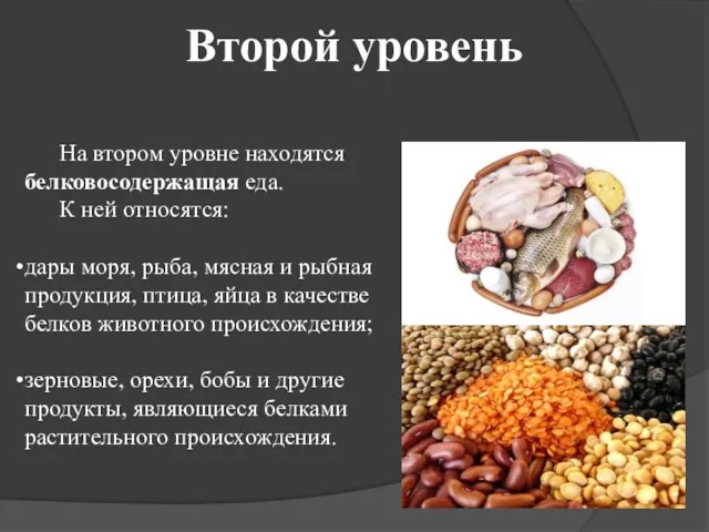 Второй уровень На втором уровне находятся белковосодержащая еда. К ней