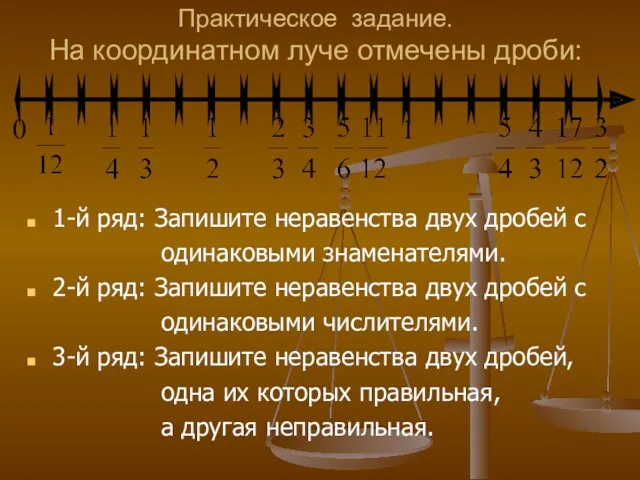 Практическое задание. На координатном луче отмечены дроби: 1-й ряд: Запишите