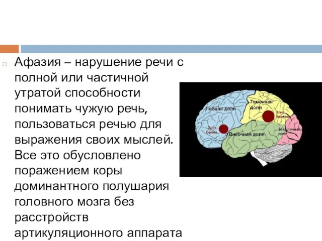 Афазия – нарушение речи с полной или частичной утратой способности