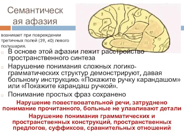 Семантическая афазия В основе этой афазии лежит расстройство пространственного синтеза