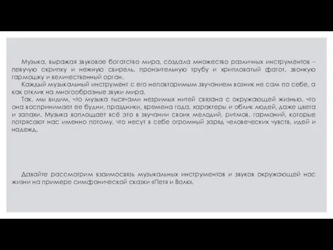 Музыка, выражая звуковое богатство мира, создала множество различных инструментов –