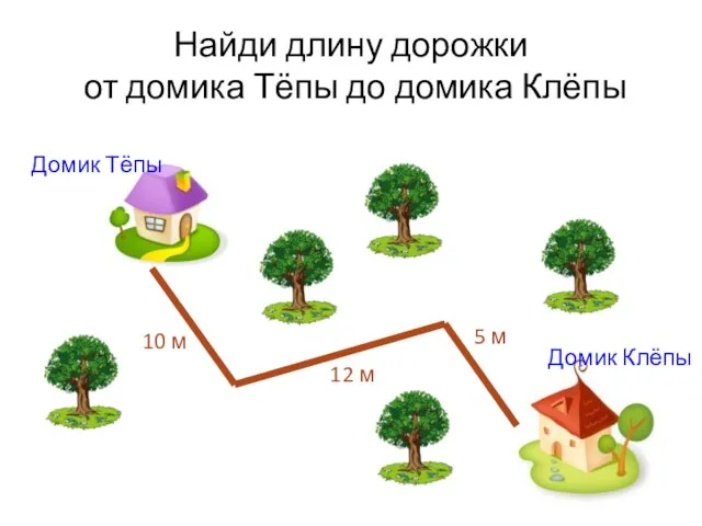 Найди длину дорожки от домика Тёпы до домика Клёпы Домик Тёпы Домик Клёпы