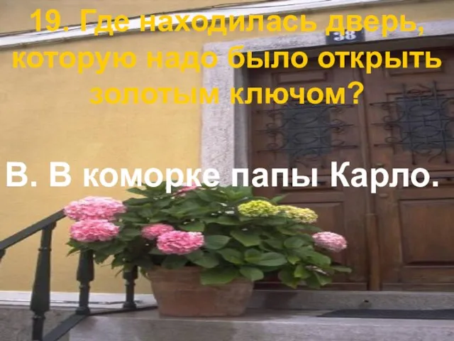 19. Где находилась дверь, которую надо было открыть золотым ключом? В. В коморке папы Карло.