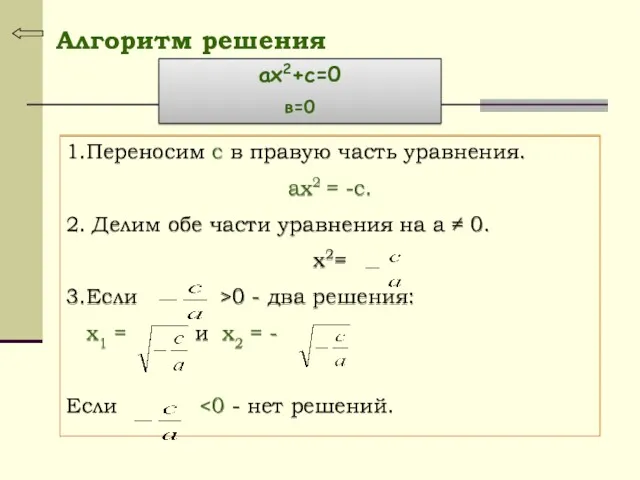 Алгоритм решения 1.Переносим с в правую часть уравнения. ах2 =