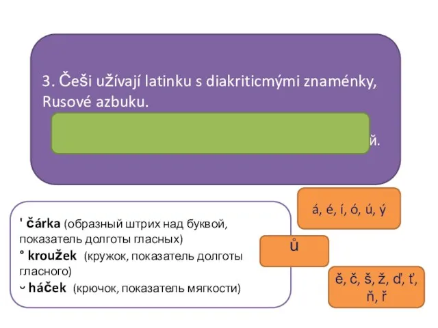 3. Češi užívají latinku s diakriticmými znaménky, Rusové azbuku. Чехи