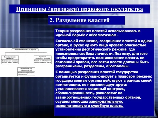 Принципы (признаки) правового государства 2. Разделение властей Теория разделения властей