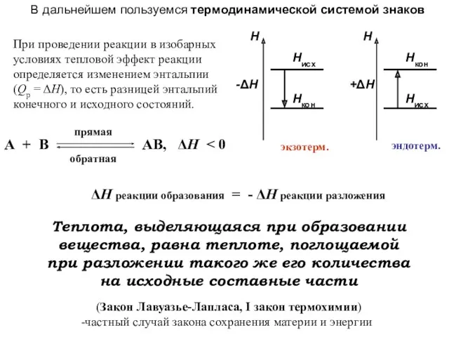 При проведении реакции в изобарных условиях тепловой эффект реакции определяется