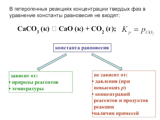 В гетерогенных реакциях концентрации твердых фаз в уравнение константы равновесия