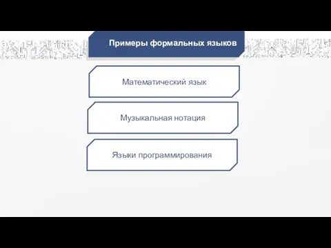 Математический язык Музыкальная нотация Языки программирования Примеры формальных языков