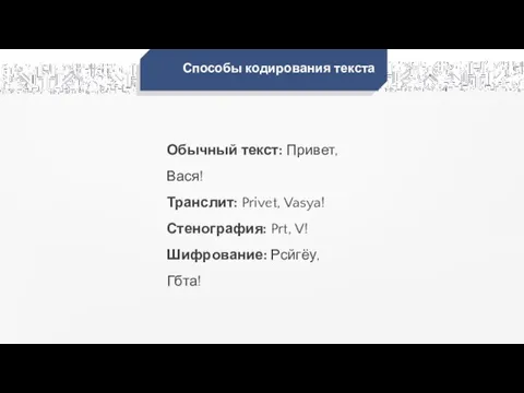 Способы кодирования текста Обычный текст: Привет, Вася! Транслит: Privet, Vasya! Стенография: Prt, V! Шифрование: Рсйгёу, Гбта!