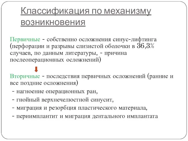 Классификация по механизму возникновения Первичные - собственно осложнения синус-лифтинга (перфорации и разрывы слизистой