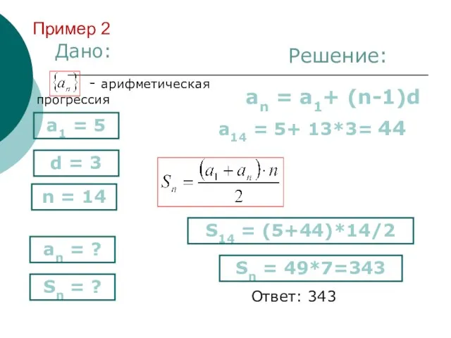 Пример 2 Дано: Решение: - арифметическая прогрессия Ответ: 343 Sn