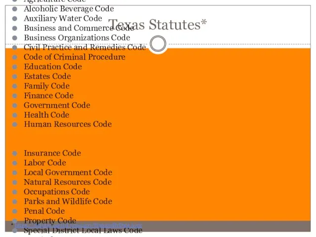 Texas Statutes* Agriculture Code Alcoholic Beverage Code Auxiliary Water Code