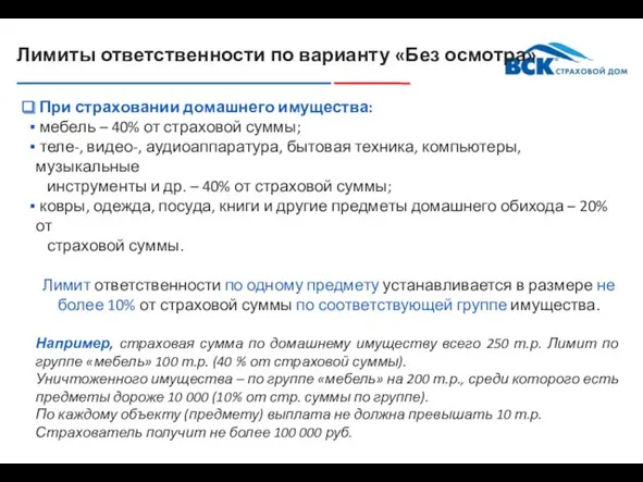 Лимиты ответственности по варианту «Без осмотра» При страховании домашнего имущества: