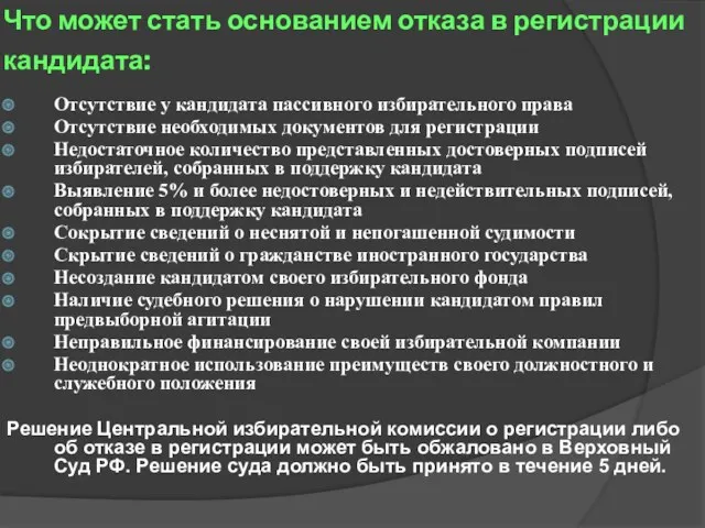 Что может стать основанием отказа в регистрации кандидата: Отсутствие у